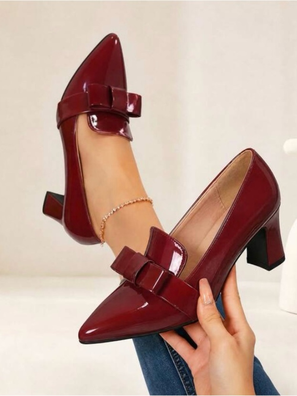 Elegant Burgundy Patent Bow Block Heel Pumps - Women